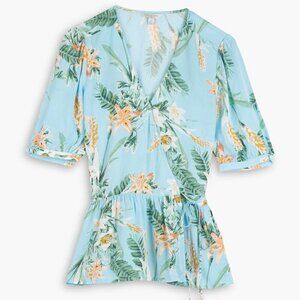 Lucky Brand Women's Blue Tropical Eva Wrap Blouse, Extra Small